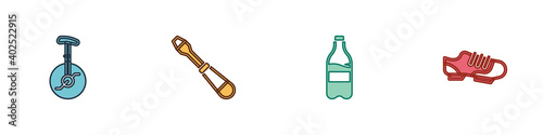 Set Unicycle or one wheel bicycle, Screwdriver, Sport bottle with water and Bicycle shoes icon. Vector.