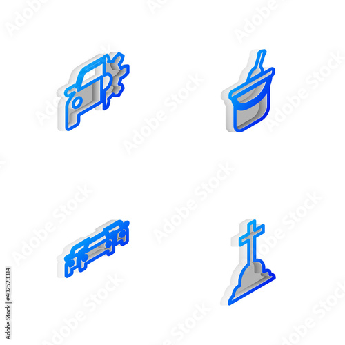 Set Isometric line Bottle of wine in bucket, Car service, Cars and Tombstone with cross icon. Vector. © vector_v