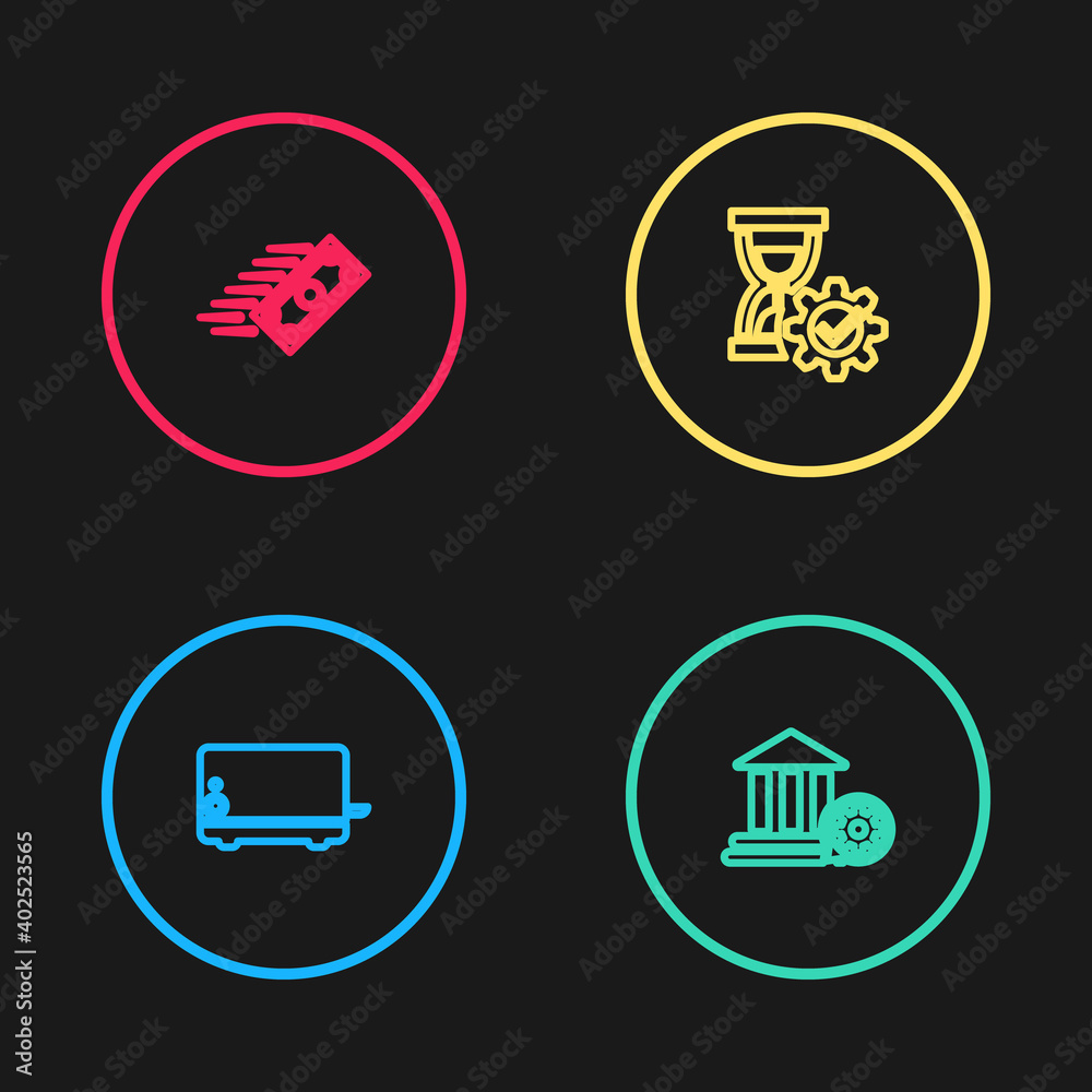 Set line Toaster, Bank building setting, Hourglass and Fast payments icon. Vector. Set line Toaster, Bank building setting, Hourglass and Fast payments icon. Vector.