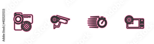 Set line Video camera setting, Stopwatch, Security and Microwave oven icon. Vector.