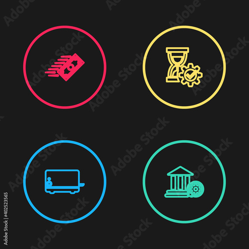 Set line Toaster, Bank building setting, Hourglass and Fast payments icon. Vector.