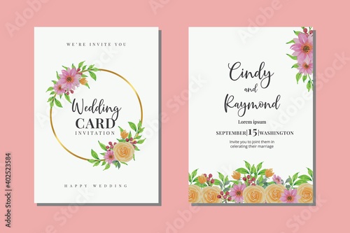 Floral Watercolor Wedding Invitation Elegant  flowers  leaves  watercolor  isolated on white. Sketched wreath  floral and herbs garland with green  greenery color. Vintage Watercolor style  