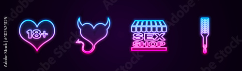 Set line 18 plus content heart, Devil with horns, Sex shop building and Spanking paddle. Glowing neon icon. Vector.