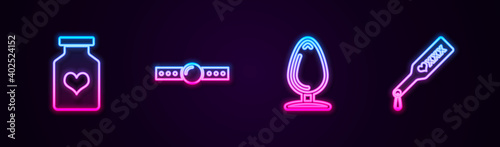 Set line Bottle with pills for potency, Silicone ball gag, Anal plug and Spanking paddle. Glowing neon icon. Vector.