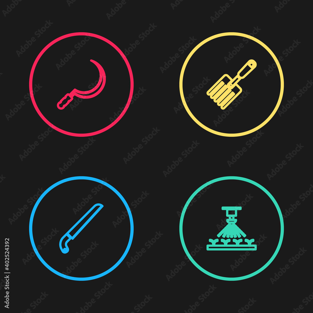 Set line Garden saw, Automatic irrigation sprinklers, fork and Sickle icon. Vector. Set line Garden saw, Automatic irrigation sprinklers, fork and Sickle icon. Vector.