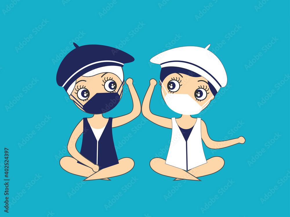 Fototapeta premium Two people salute each other with an elbow and a mask to protect themselves from covid-19
