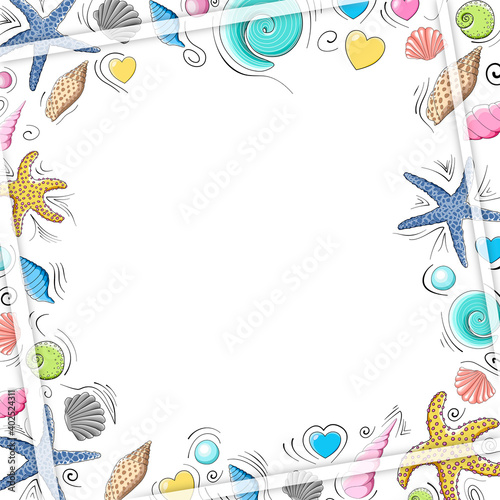 Square marine frame with shadow of multicolored cartoon seashells with hearts and black doodle lines. The frame has a place for the text.