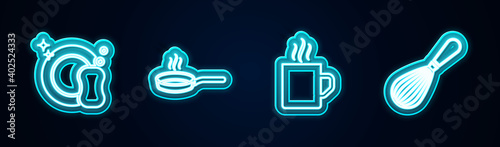Set line Washing dishes, Frying pan, Coffee cup and Kitchen whisk. Glowing neon icon. Vector.