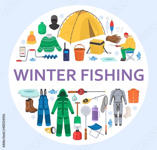 Winter fishing equipment circle composition, flat vector isolated illustration. Warm clothes, boots, gloves. Fishing tackle and accessories. Ice fishing gear set.