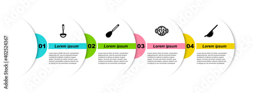 Set line Kitchen ladle, whisk, Cooking soup in pot and colander. Business infographic template. Vector.