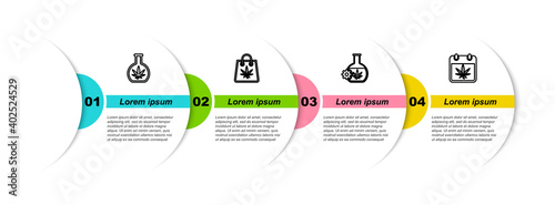 Set line Test tube with marijuana, Shopping bag of, and Calendar and. Business infographic template. Vector.