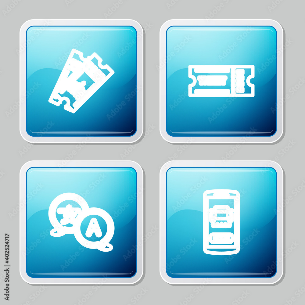 Set line Airline ticket, Ticket, Translator and Online car sharing icon. Vector. Set line Airline ticket, Ticket, Translator and Online car sharing icon. Vector.