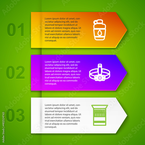 Set line Canteen water bottle, Head flashlight, Open matchbox and matches and Lighter. Business infographic template. Vector.