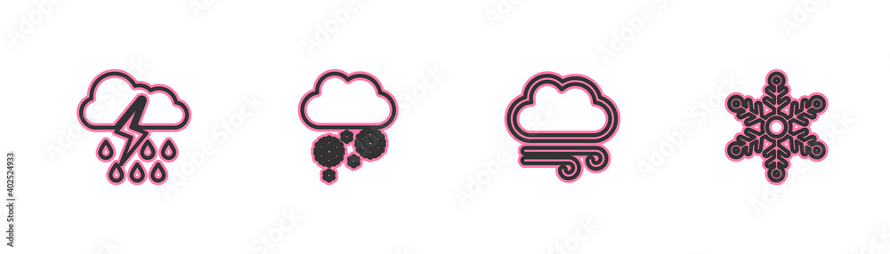 Set line Cloud with rain and lightning, Windy weather, snow and Snowflake icon. Vector. Set line Cloud with rain and lightning, Windy weather, snow and Snowflake icon. Vector.