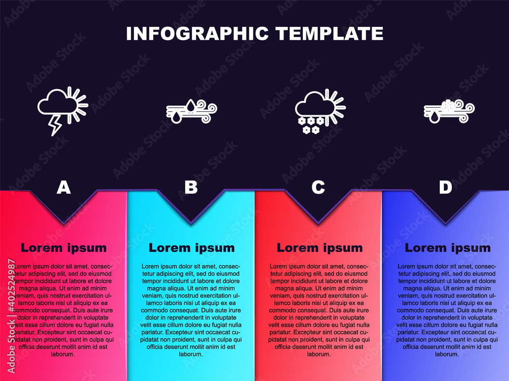 Set line Storm, Wind and rain, Cloudy with snow and . Business infographic template. Vector.