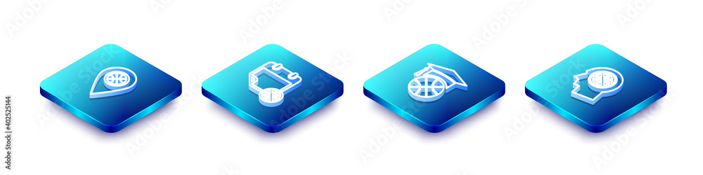 Set Isometric line Location with basketball ball, Basketball sport calendar, training and Thoughts icon. Vector. Set Isometric line Location with basketball ball, Basketball sport calendar, training and Thoughts icon. Vector.