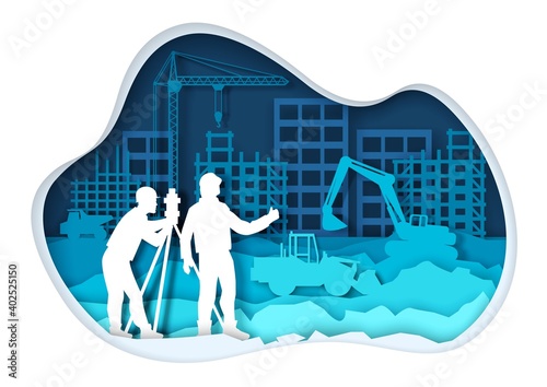 Construction heavy machinery and equipment, builders silhouettes. Vector illustration in paper art craft style. Construction site. Home building industry.