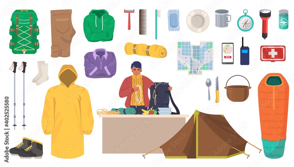 Travel gear and equipment. Hiking and trekking essentials, flat vector isolated illustration. Hiker outdoor clothes, backpack, flashlight, camping tent, trekking poles, sleeping bag, hiking boots etc.