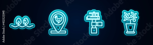 Set line Plant, Chicken farm and location, Automatic irrigation sprinklers and pot. Glowing neon icon. Vector.