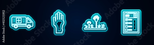 Set line Emergency car, Hand with psoriasis or eczema, Mold and Clinical record. Glowing neon icon. Vector.