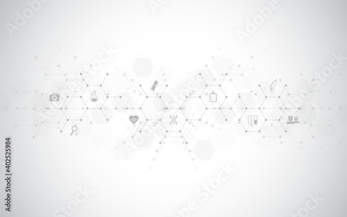 Medical background and healthcare technology with flat icons and symbols. Design template of concept and idea for health care business, innovation medicine, health safety, science. Vector illustration