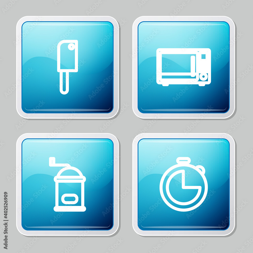 Set line Meat chopper, Microwave oven, Manual coffee grinder and Kitchen timer icon. Vector. Set line Meat chopper, Microwave oven, Manual coffee grinder and Kitchen timer icon. Vector.