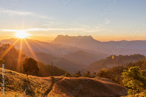 mountain peaks in morning sunrise over thailand mountains