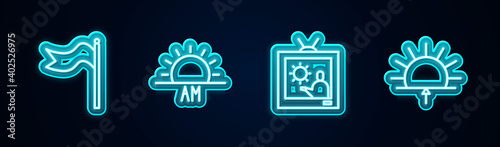 Set line Meteorology windsock wind vane, Sunrise, Weather forecast and . Glowing neon icon. Vector.