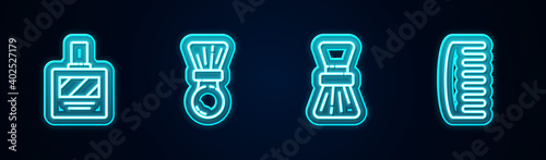 Set line Aftershave, Shaving brush, and Hairbrush. Glowing neon icon. Vector.