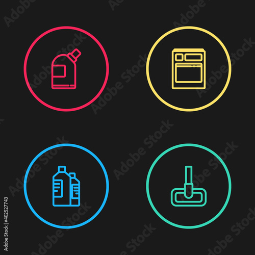 Set line Bottles for cleaning agent, Mop, Kitchen dishwasher machine and icon. Vector.