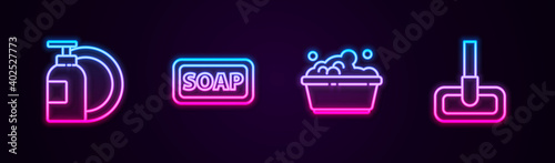 Set line Dishwashing liquid bottle and plate, Bar of soap, Plastic basin with suds and Mop. Glowing neon icon. Vector.