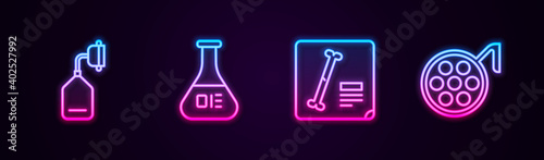 Set line Medical oxygen mask, Test tube and flask, X-ray shots and Surgery lamp. Glowing neon icon. Vector.