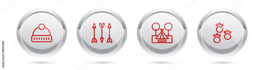 Set line Winter hat, Hipster arrows, Tourist tent and Paw print. Silver circle button. Vector. Set line Winter hat, Hipster arrows, Tourist tent and Paw print. Silver circle button. Vector.