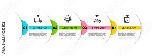 Set line Smart truck, Processor with microcircuits CPU, car system wireless and washer. Business infographic template. Vector.