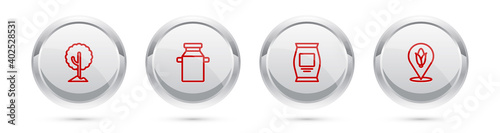 Set line Tree, Can container for milk, Fertilizer bag and Location corn. Silver circle button. Vector.