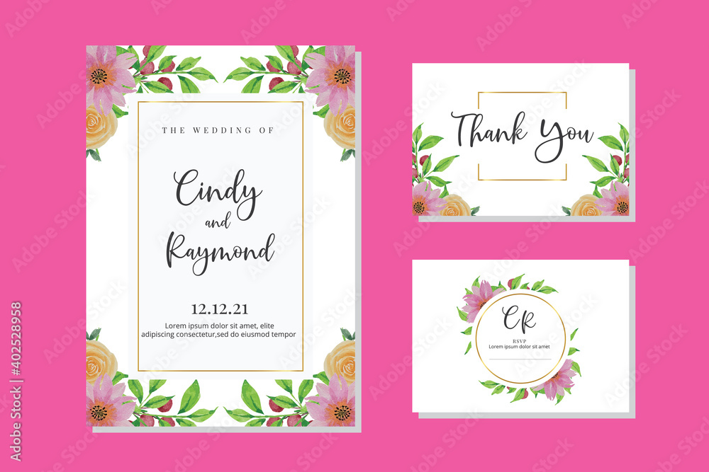 Floral Watercolor Wedding Invitation Elegant; flowers, leaves, watercolor, isolated on white. Sketched wreath, floral and herbs garland with green, greenery color. Vintage Watercolor style, 