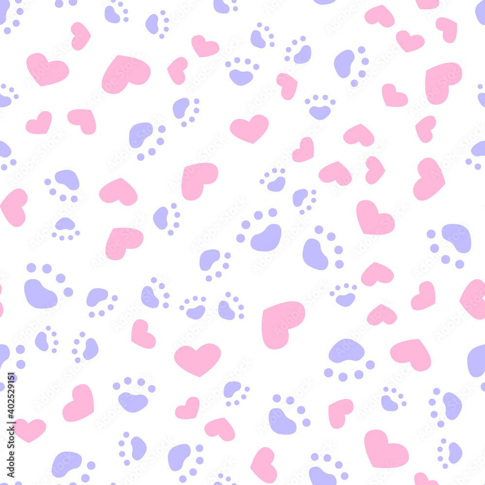 Animal paws and hearts seamless pattern pastel colors. Vector drawing