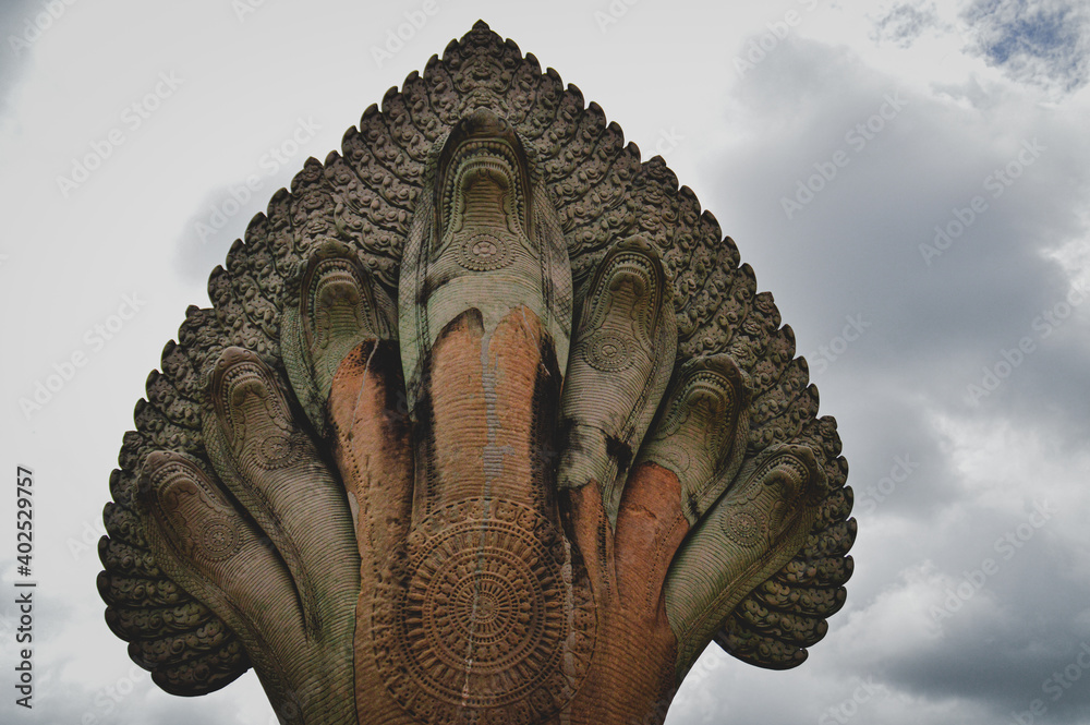 Seven heads Naga mythical creature sculpture in Angkor Wat in Siem reap, Cambodia Stock Photo