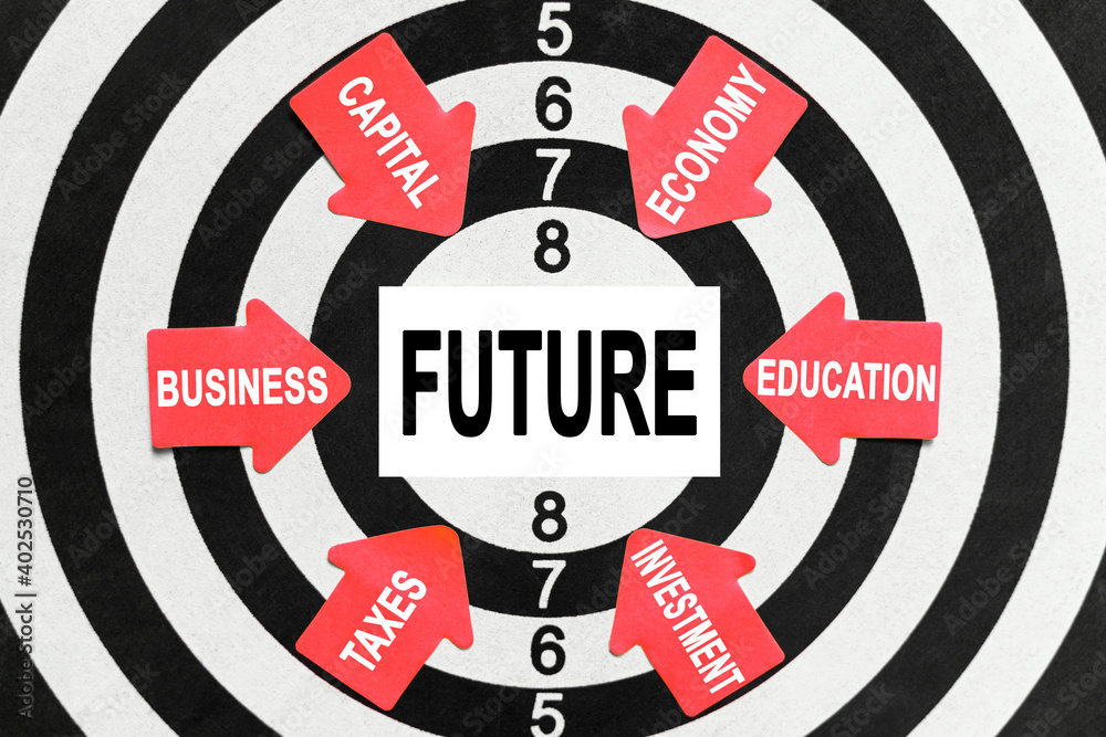 On the target, arrows with business lettering point to the center on a business card with the inscription - FUTURE On the target, arrows with business lettering point to the center on a business card with the inscription - FUTURE