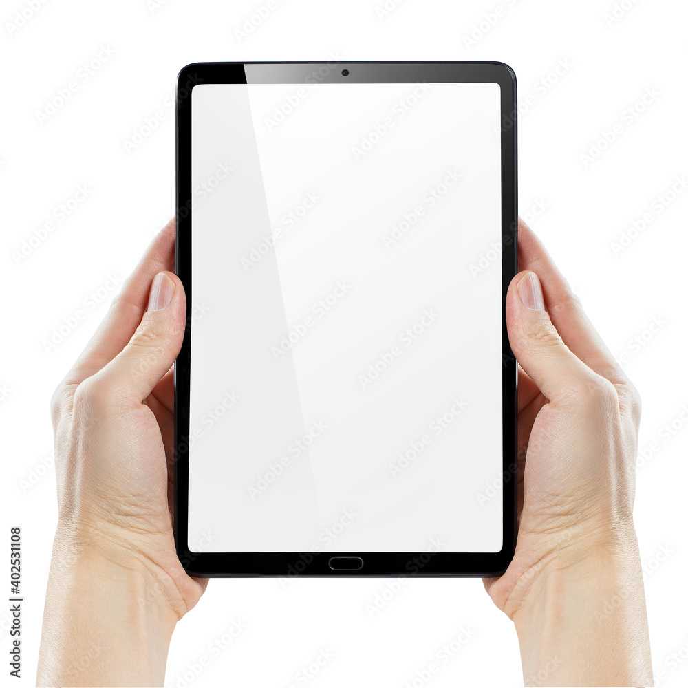 Hands with tablet PC, isolated on white background