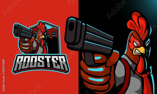 Rooster with a gun mascot gaming logo design vector with modern illustration concept style for badge, emblem and t shirt printing. Angry rooster illustration for sport and e-sport team. 