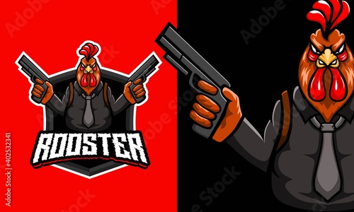 Rooster with a gun mascot gaming logo design vector with modern illustration concept style for badge, emblem and t shirt printing. Angry rooster illustration for sport and e-sport team. 
