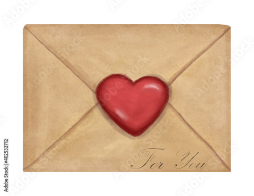 Love letter envelope in vintage style, stock illustration for design and decoration. Old paper effect with red heart isolated on white background. © Anzhelika Kononec