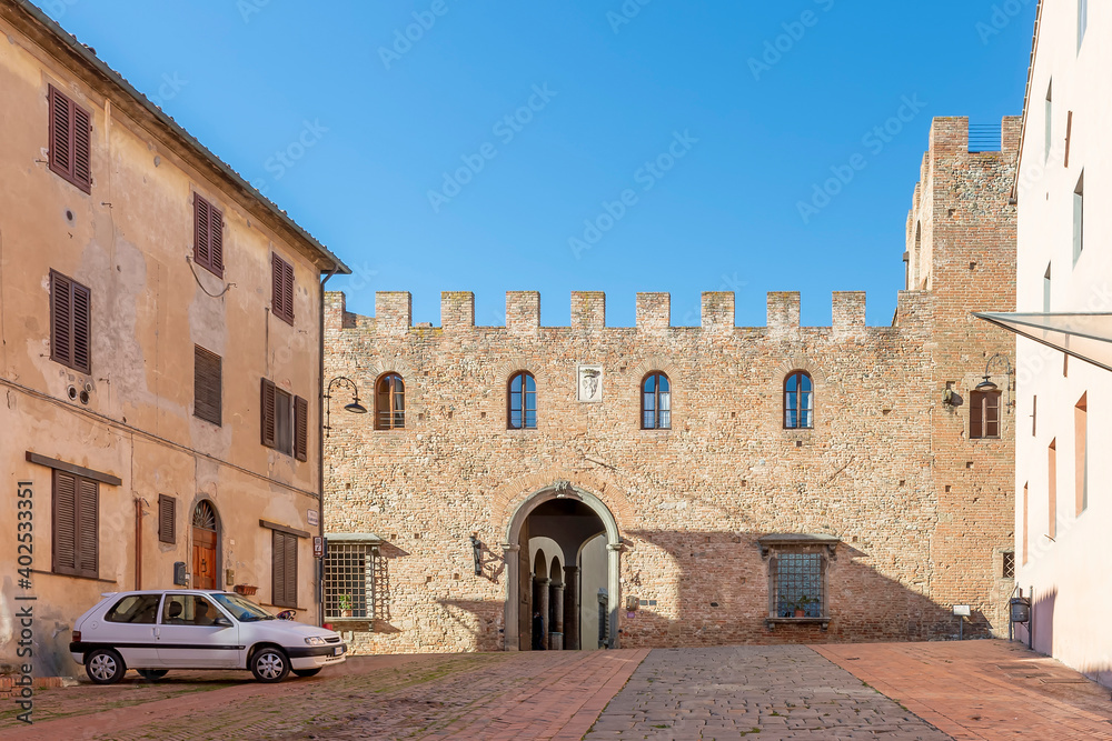 The ancient Palazzo Stiozzi Ridolfi in the historic center of Certaldo alto, Florence, Italy, on a sunny day