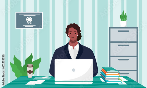 Smiling Female African American Work in IT Office Room with Stripe Wallpaper Background. Professional Black Woman Typing in Front of Computer Laptop Character Flat Design Cartoon Illustration. 