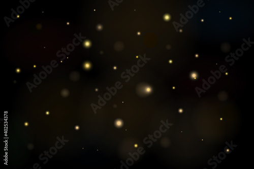 Glowing yellow bokeh effects circles. Horizontal position. Gold luxury decoration. Stock vector illustration on black isolated background. 