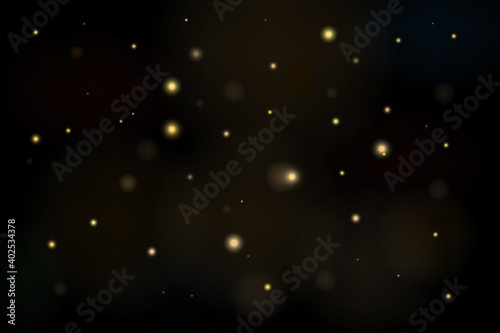 Glowing yellow bokeh effects circles. Horizontal position. Gold luxury decoration. Stock vector illustration on black isolated background.	