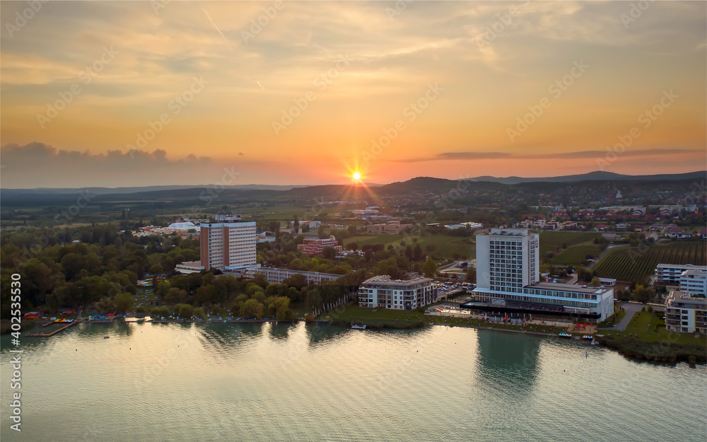 Balaton is the greatest lake in Hungary. Popular tourist destination for holiday. You can see two big hotel in this photo