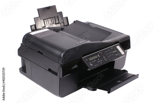 Multifunctional office printer on white background