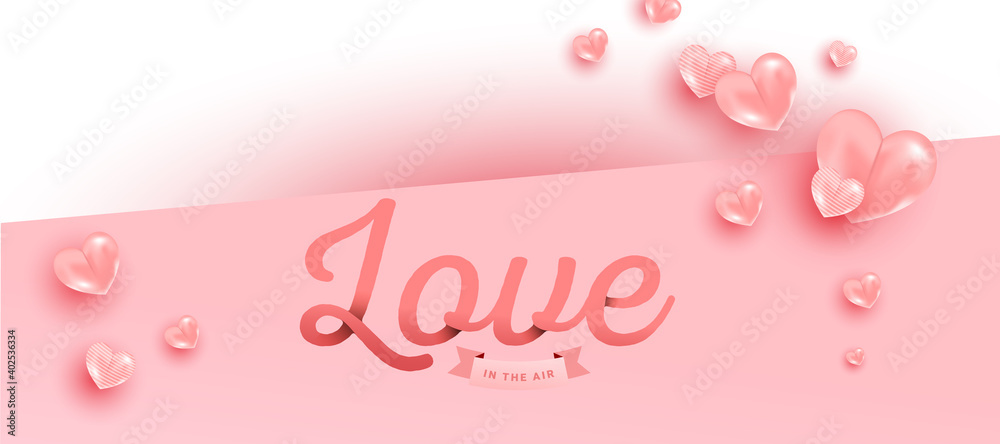 Love text in paper style with pink realistic air heart shaped balloons flying on pink background. Valentines vector banner design.